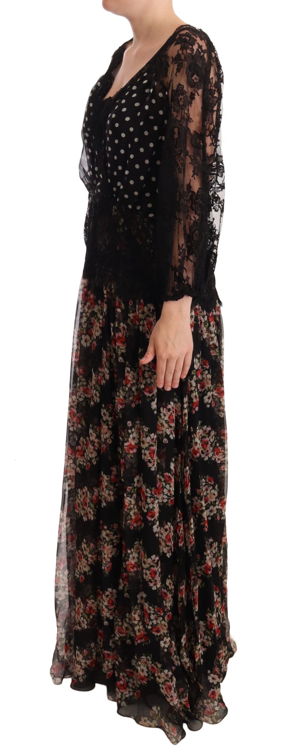 Dolce & Gabbana Elegant Lace Floral Maxi Dress with Polka Dots