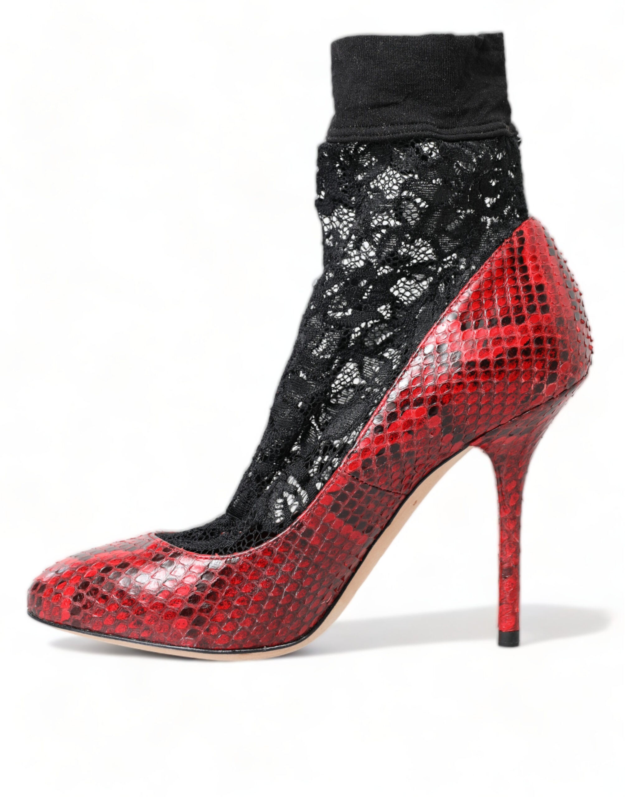 Dolce & Gabbana Red Almond Toe Snakeskin Pumps with Lace Socks