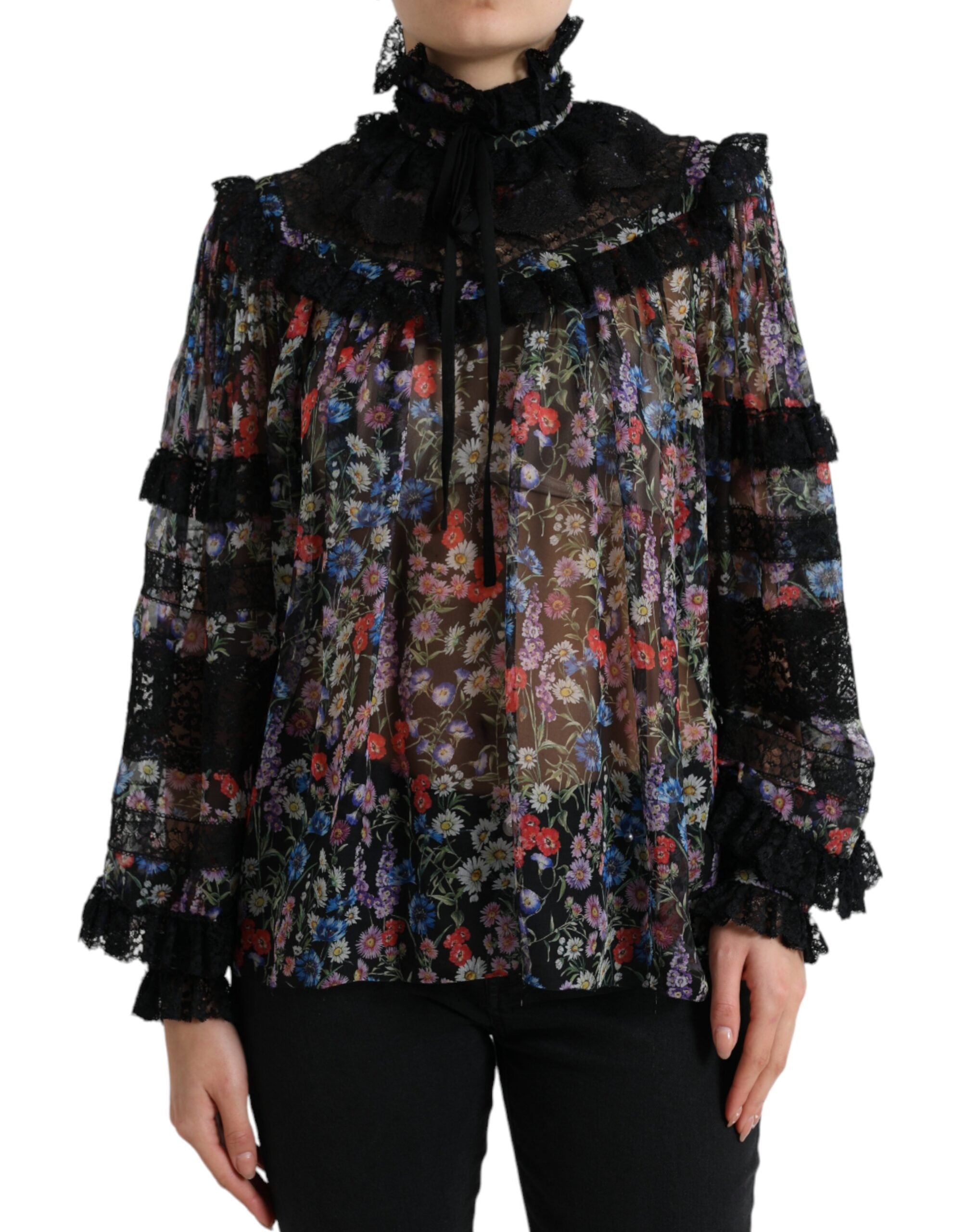 Dolce & Gabbana Elegant Floral Silk Blouse with Lace Trim