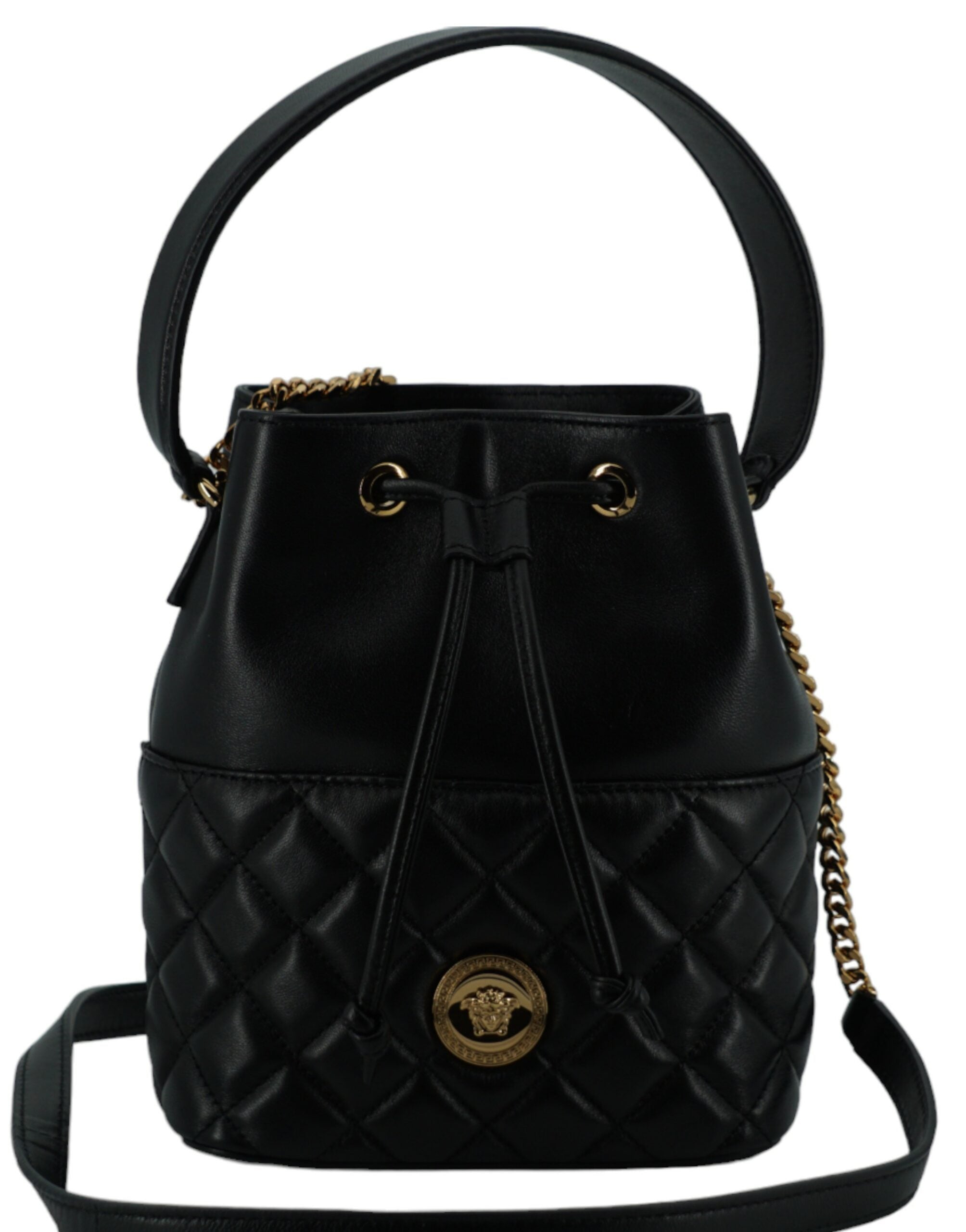 Versace Elegant Black Leather Bucket Shoulder Bag