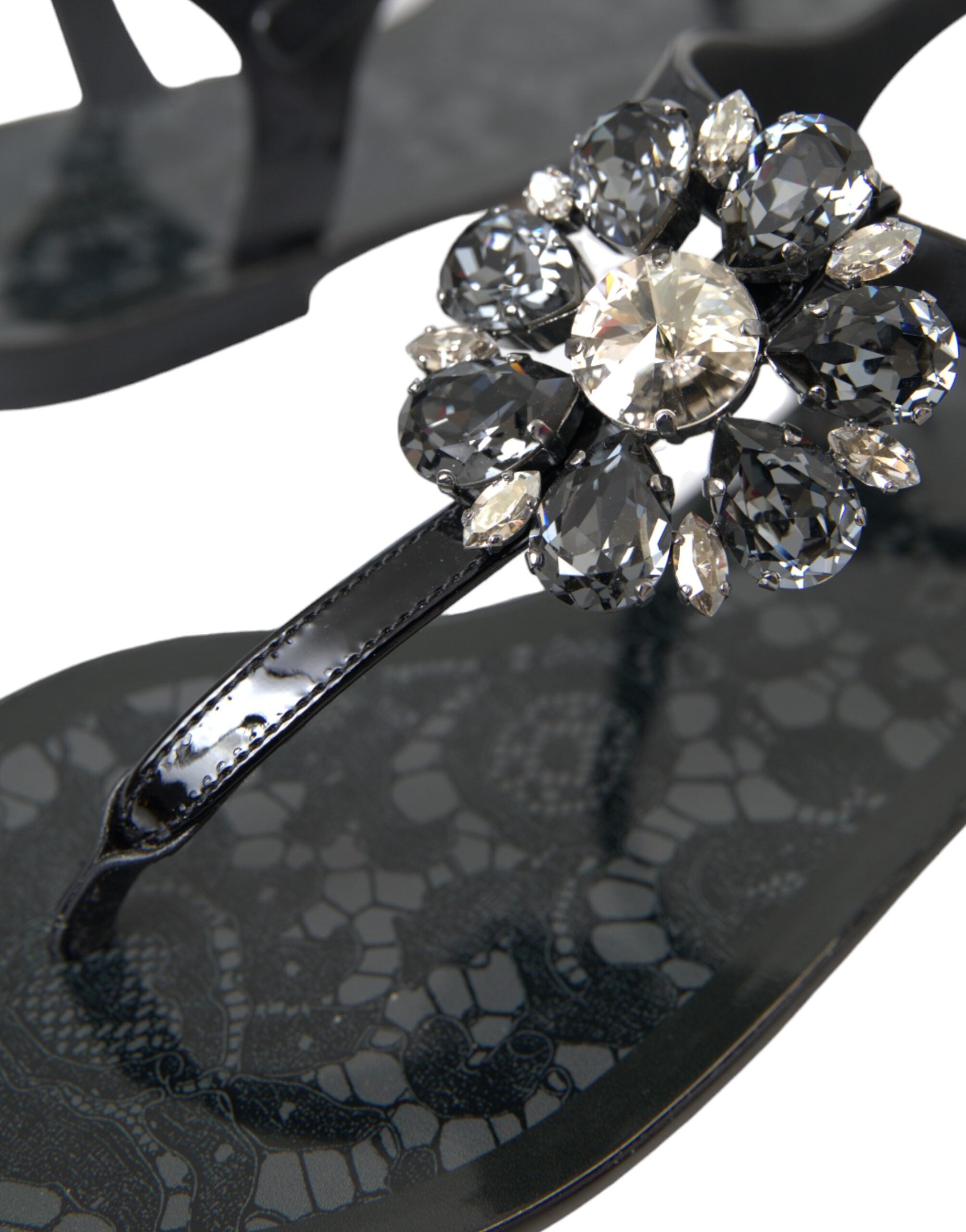 Dolce & Gabbana Black Crystal Flats Sandals Flip Flops Shoes