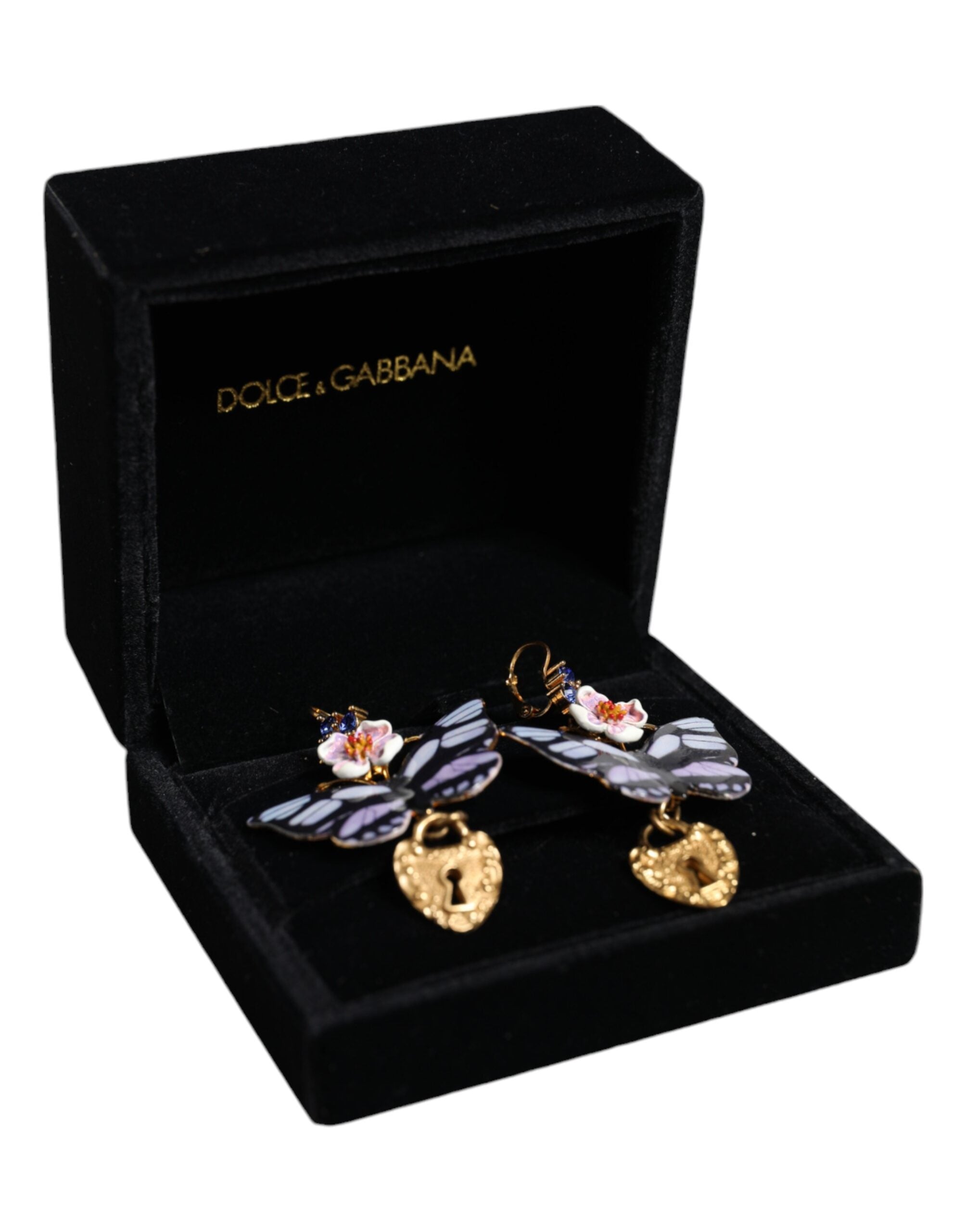 Dolce & Gabbana Gold Purple Crystal Butterfly Heart Locket Earrings