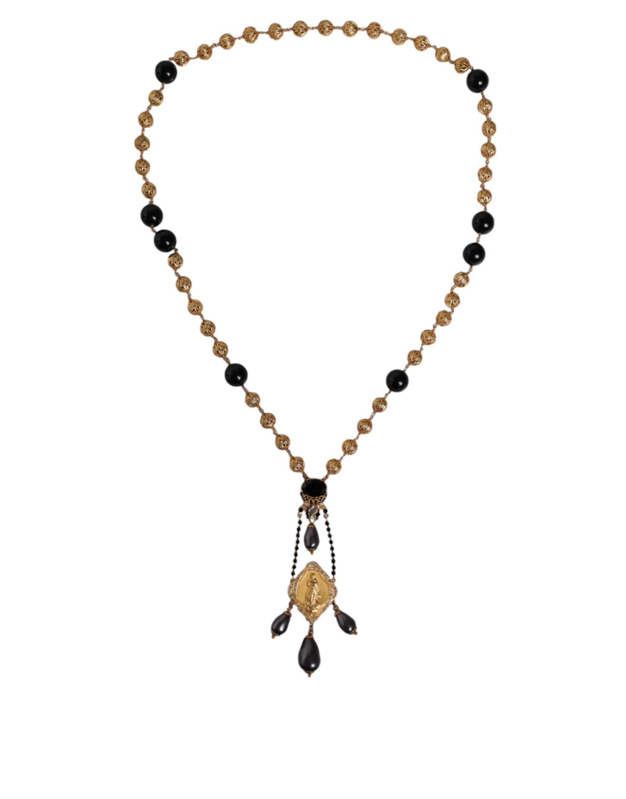 Dolce & Gabbana Gold Chain Brass Black Beaded Rosary Style Necklace