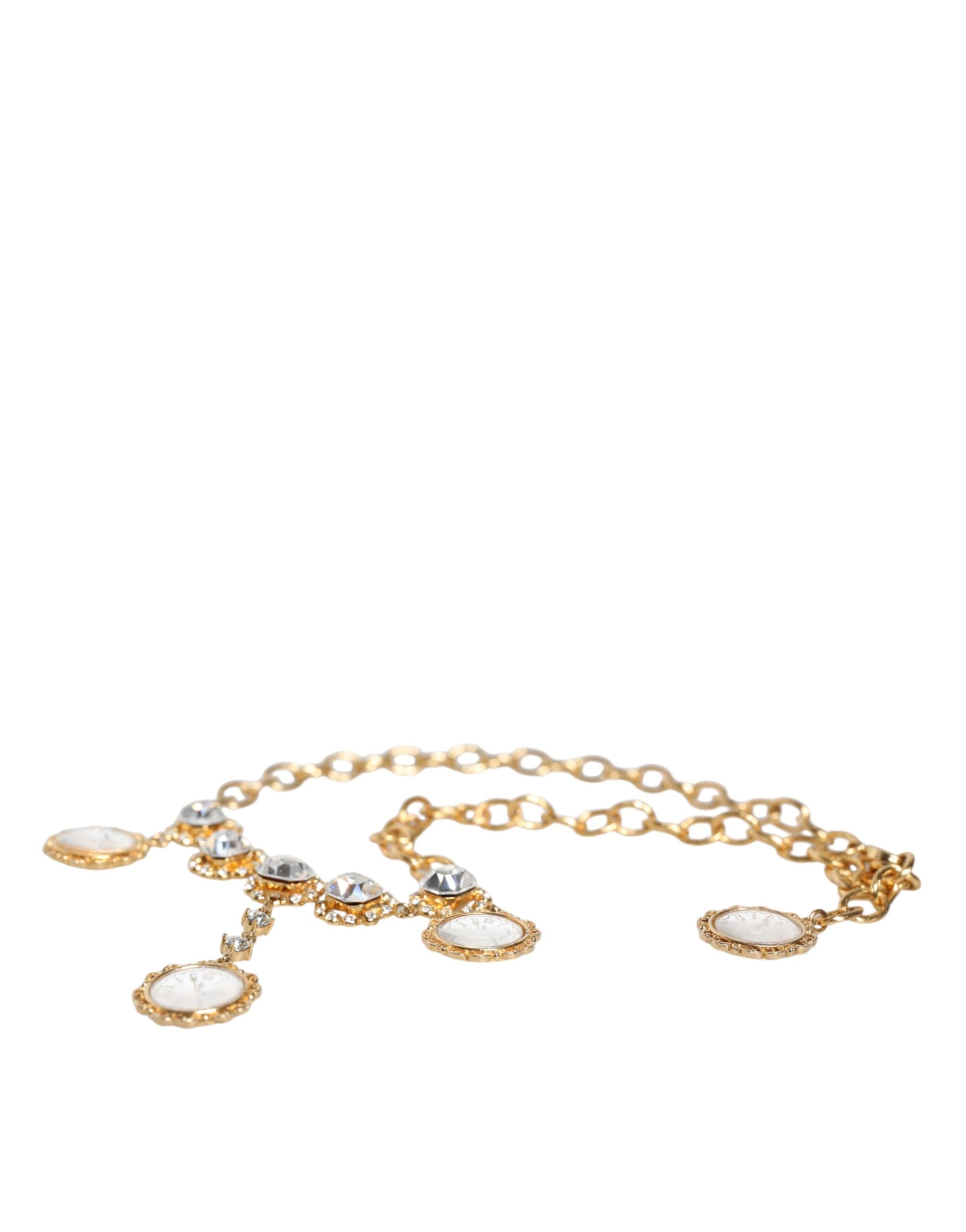 Dolce & Gabbana Gold Chain Brass Crystal Clock Statement Necklace