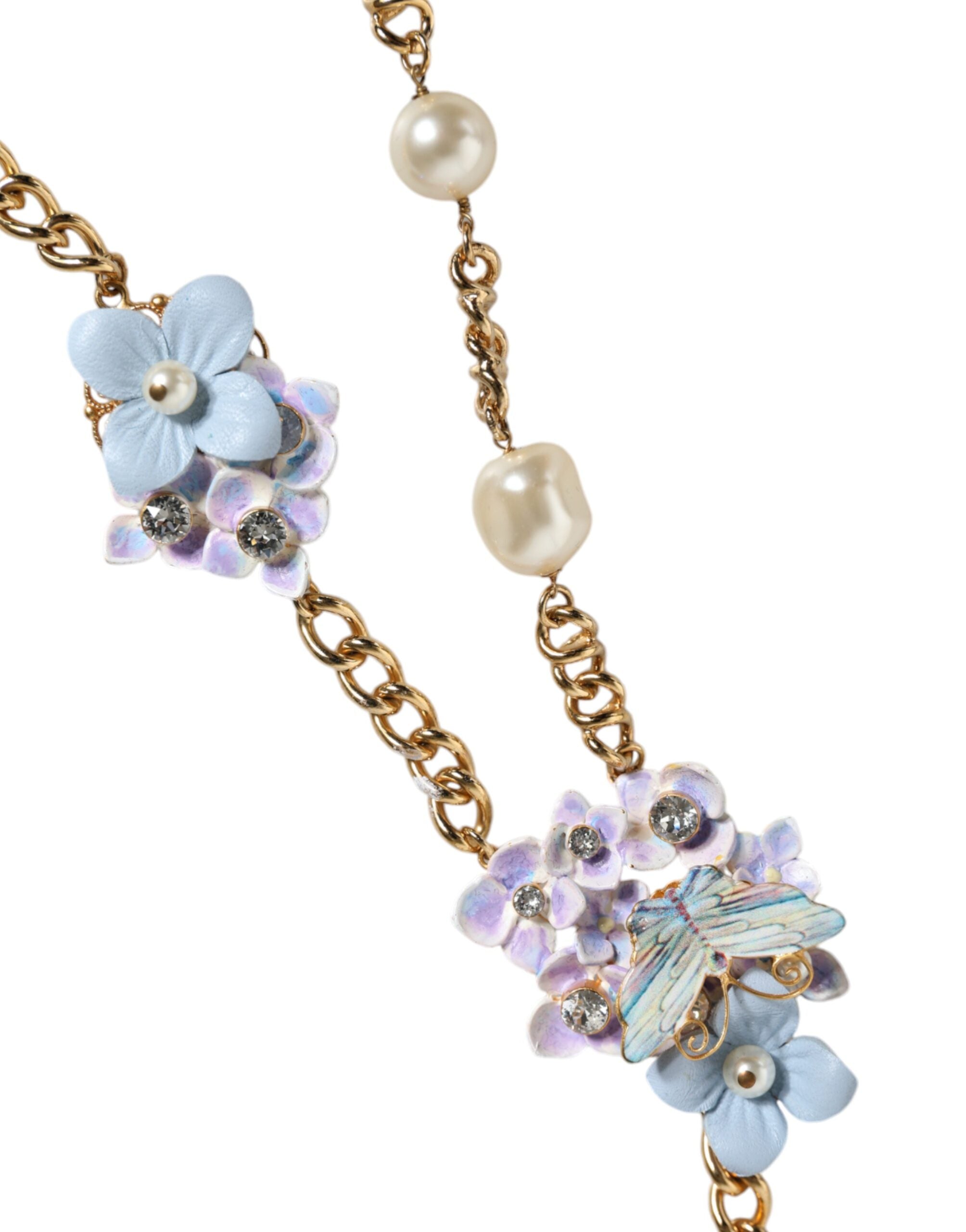 Dolce & Gabbana Gold Chain Brass Floral Layered Crystal Pearl Necklace