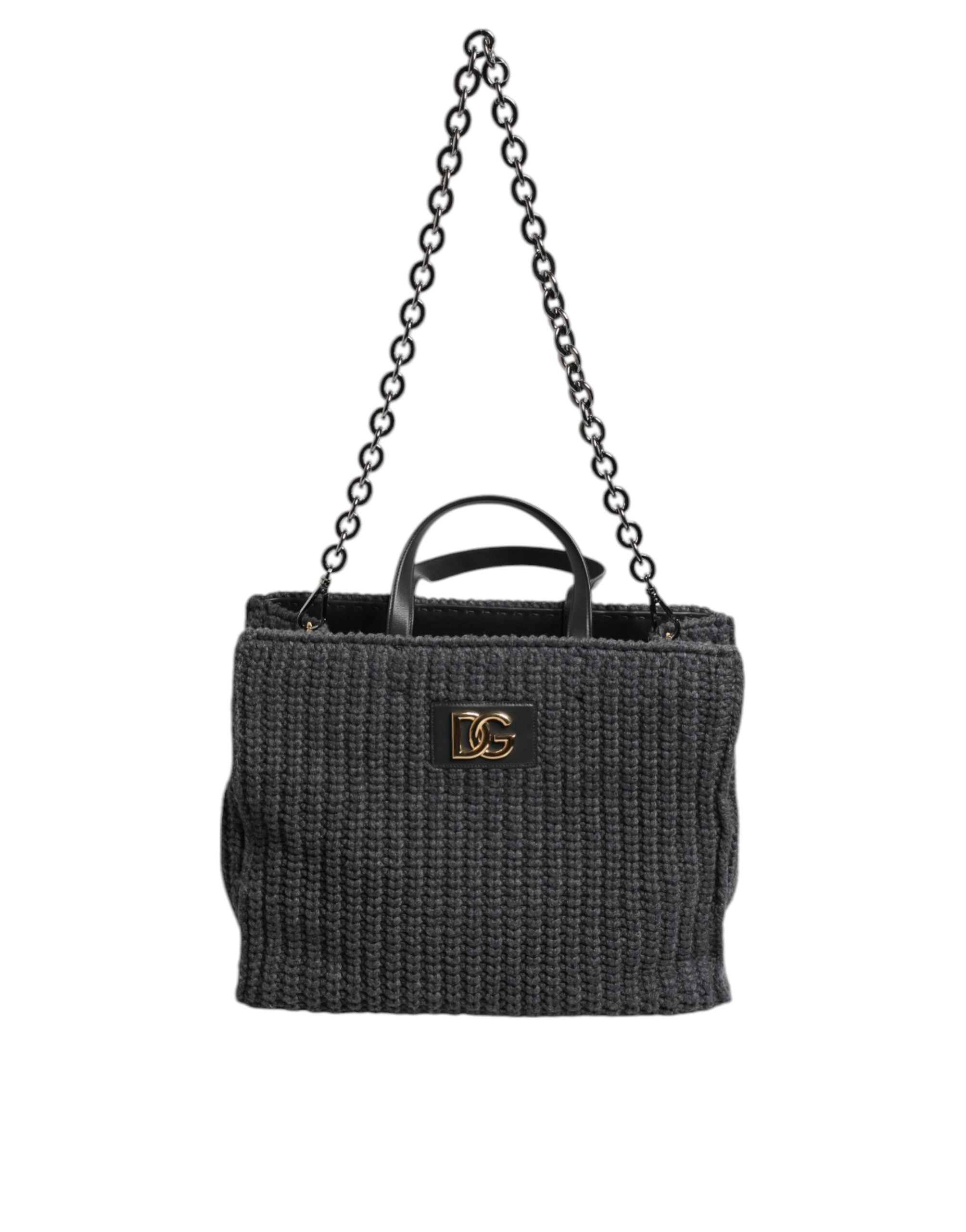 Dolce & Gabbana Black Large Knitted Crochet Shoulder Shopper DG Logo Bag