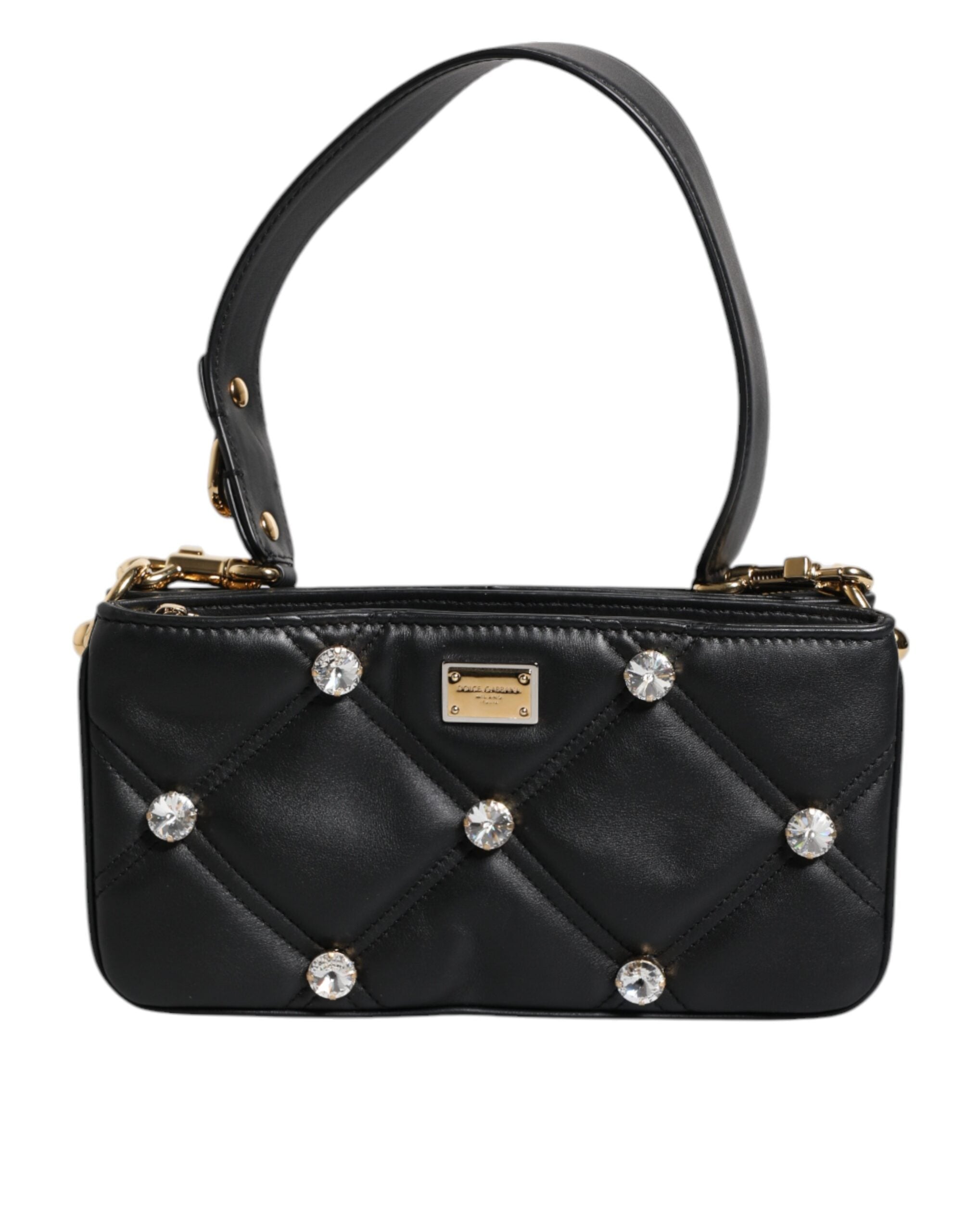 Dolce & Gabbana Black Leather Crystal Embellished Logo Shoulder Bag