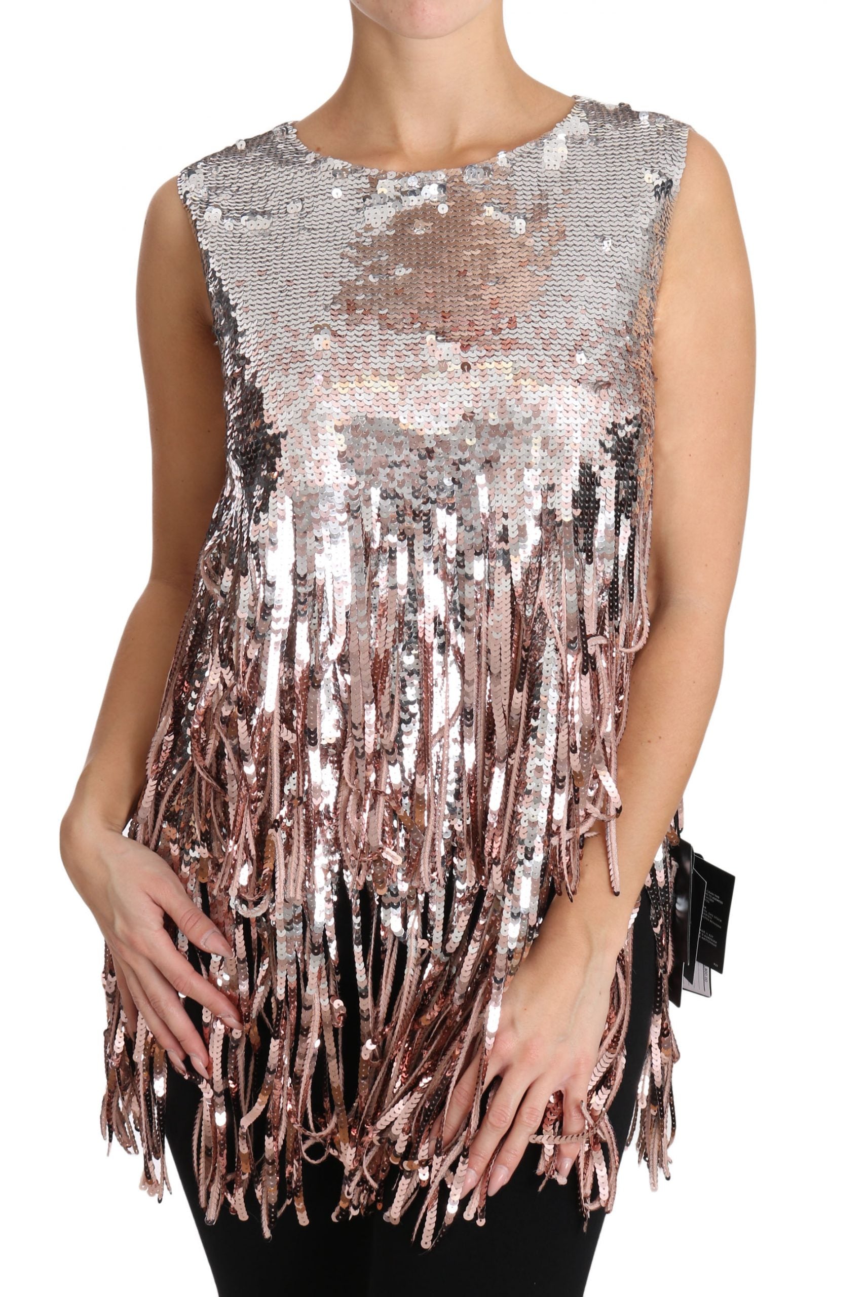 Dolce & Gabbana Golden Pink Sequined Fringe Elegance Top