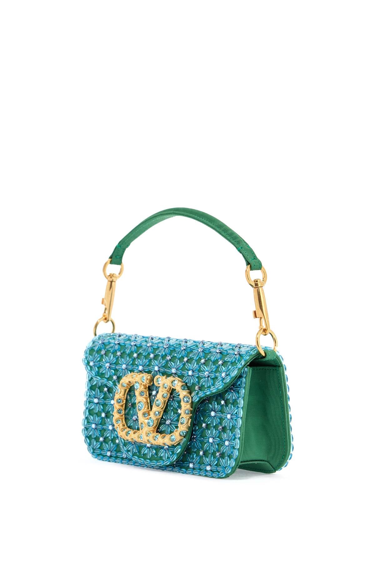 Valentino Garavani Small Turquoise Floral Shoulder Bag with Crystals and Chain