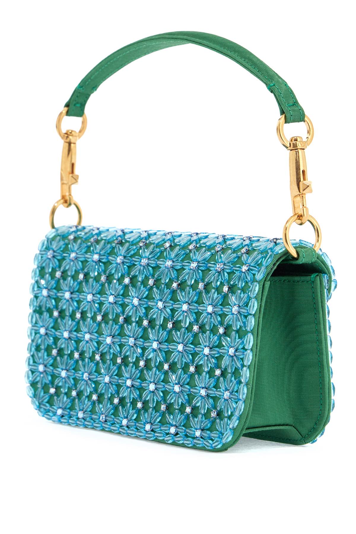 Valentino Garavani Small Turquoise Floral Shoulder Bag with Crystals and Chain