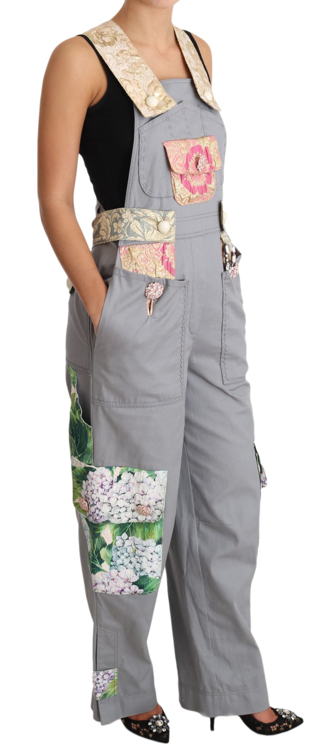 Dolce & Gabbana Exquisite Floral Embellished Denim Overalls